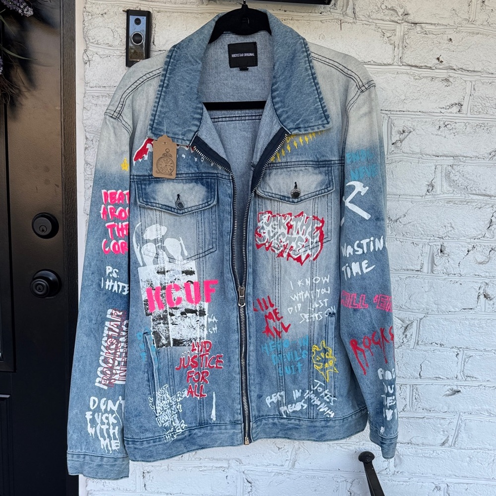 Y2k RockStar Original Hand-Painted Graphic Denim Jacket - Blue